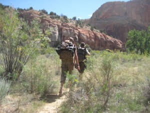 Hiking with Classic Trail Camping self-made packs - one using dimensional lumber and canvas and the other using willows and rawhide.